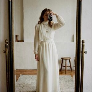 VTG Mister Jay Maxi Dress Sz 12 Cream Lace 70s Victorian Romantic Wedding Modest